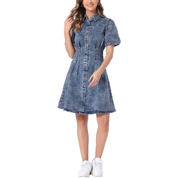 INSPIRAR CHIC Vestido de Mujer de Mezclilla con Mangas Cortas Abullonadas, Cuello y Botones, Vestido Casual de Jean A-Line en Gris Azul