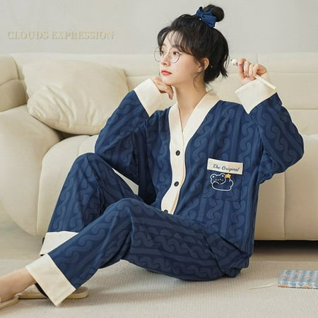 

Spring Autumn Polyester Cartoon Print Pajama Sets Women Pyjamas Polka Dots Sleepwear Pijama Mujer Homewear Clothing Nightwear