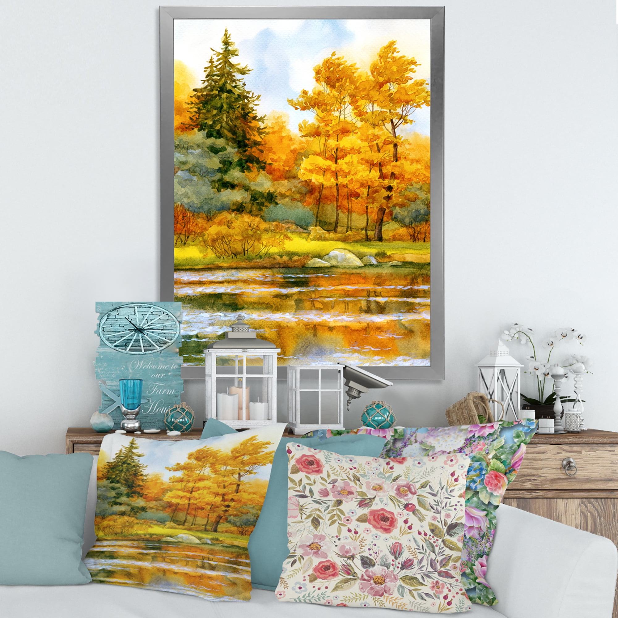 Designart 'Autumn Forest By The Lake Side II' Lake House Framed Art Print