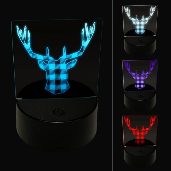 Plaid Deer Stag Head Buffalo Print LED Night Light Sign 3D Illusion Desk Nightstand Lamp