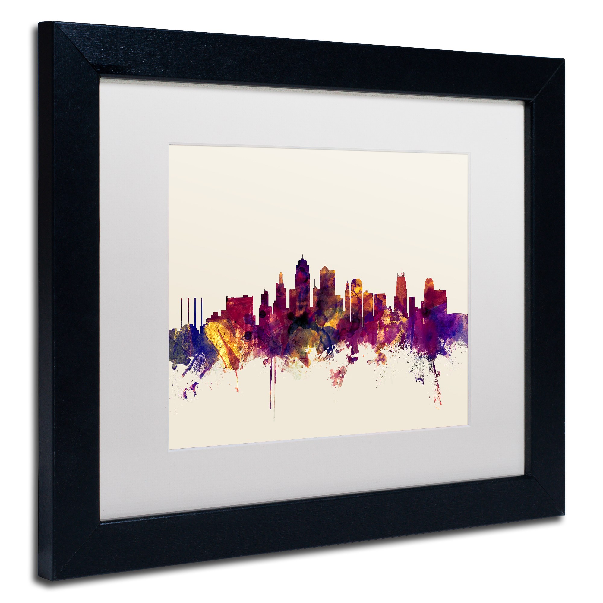 Trademark Fine Art "Kansas City Skyline" Canvas Art by Michael Tompsett, White Matte, Black Frame