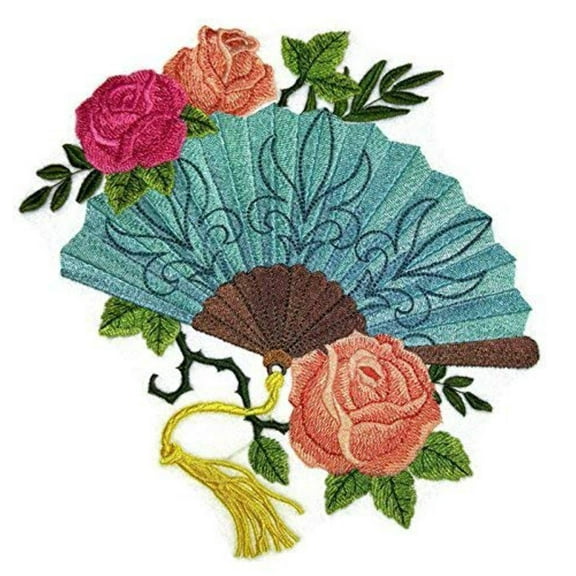 Victorian Fan with Roses Embroidered Iron on/Sew patch [7.5x" 7.8"]