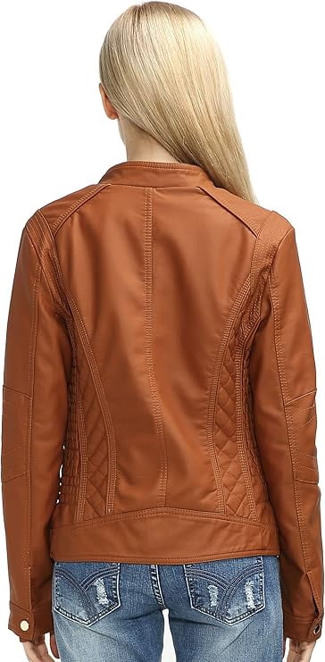 Giolshon Womens Faux Leather Jacket Moto Soft Zipper Coat 36 Brown S