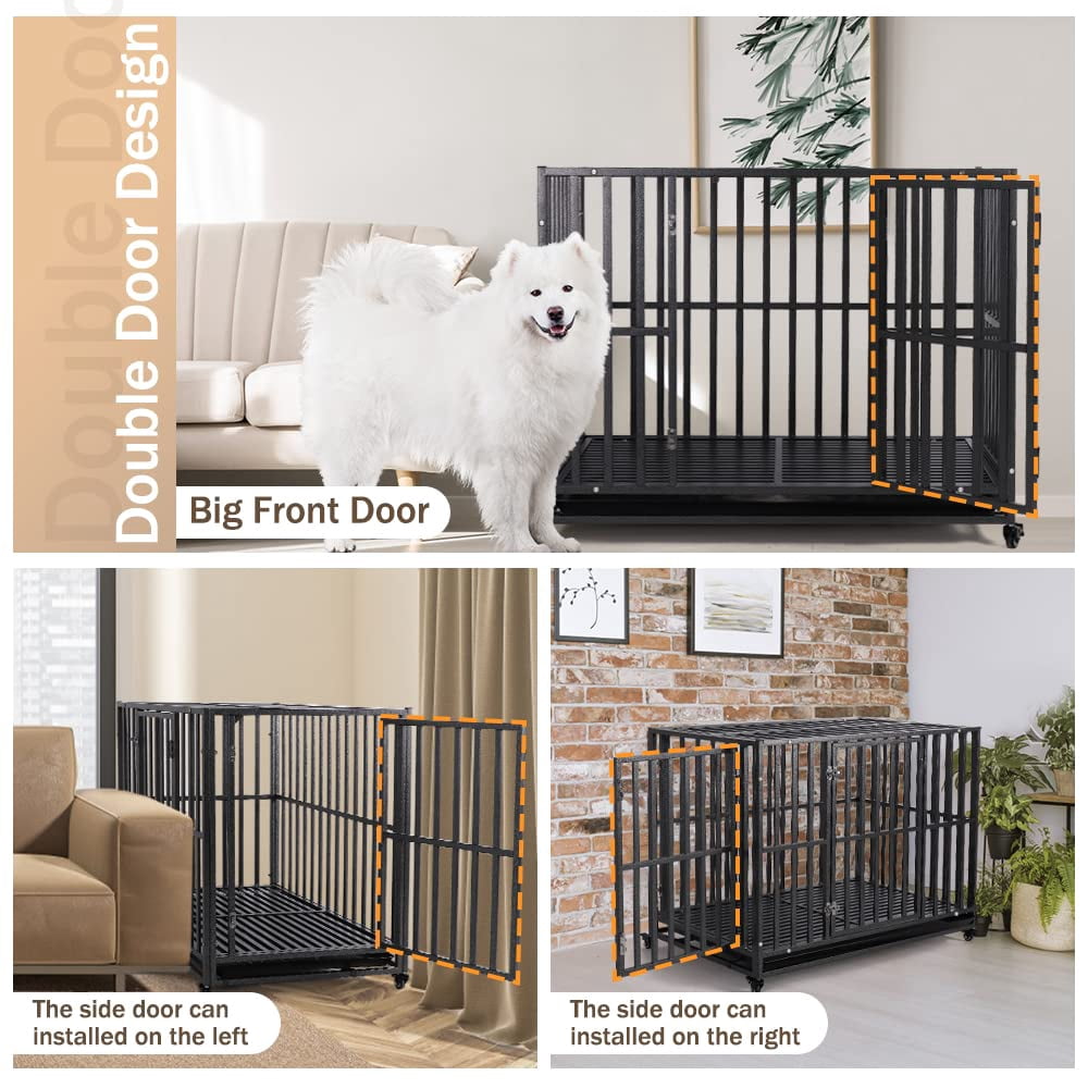 SMONTER Heavy Duty Dog Crate-42 inch Large Metal Dog Cage with 2 Doors and 4 Wheels, Stackable Dog Kennel for Large & Medium Dogs, Removable Tray
