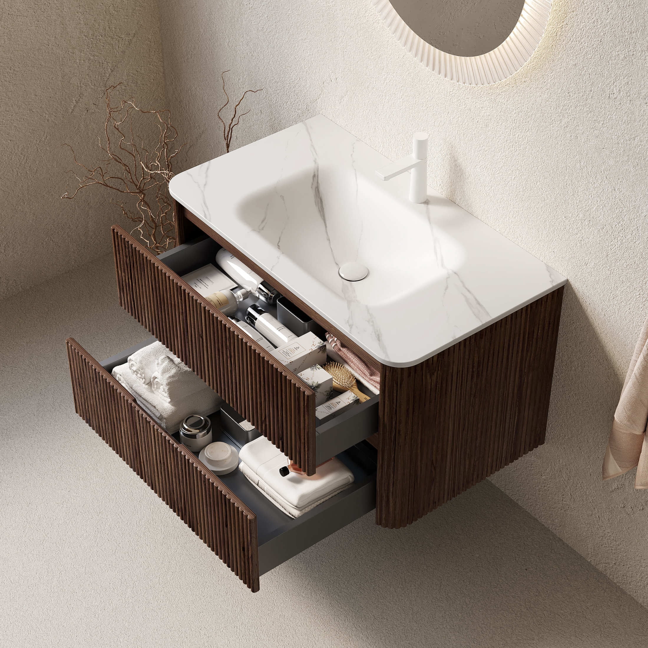 Noble House Noor 36" Floating Bathroom Vanity with Seamless Sintered Stone Basin, Retro Soft-Close Drawers, Walnut