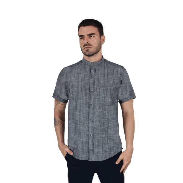 Camisas De Vestir Manga Corta Look De Lino Negro Jaspe Slim Fit Hombre