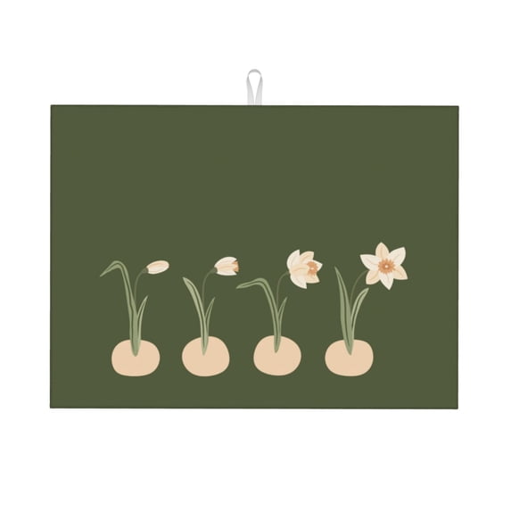 Microfiber Drying Mat, Blooming Daffodils Illustration Dish Drying Mat for Kitchen Counter, 18 x 24 inches Green