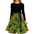 thumbnail image 4 of Women's Halloween Dress Skeleton Hepburn Long Sleeve Horror Swing Dress Bat Printed Crew Neck Classic Dresses with Belt M, 4 of 5