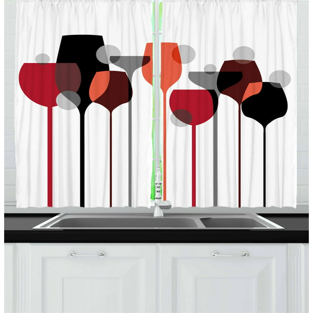 Wine Curtains 2 Panels Set Stylized, Red Black Gray Kitchen Curtains