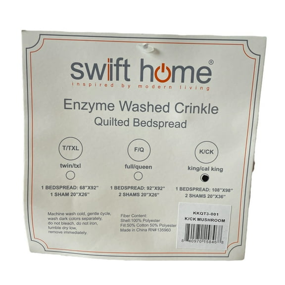 Swift Home Crinkle Enzyme Wash Oversized Coverlet/Bedspread Quilt Sets Mushroom King/Cal King 3 Piece