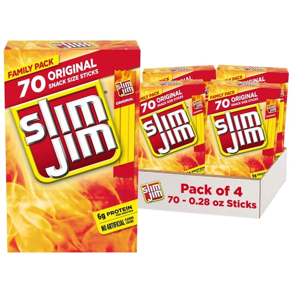 (4 pack) Slim Jim Smoked Meat Sticks, Original Flavor, 6g Protein Per Serving, Snack Size, Father's Day Bulk Snack Gifts, 0.28 oz. (70 Count)