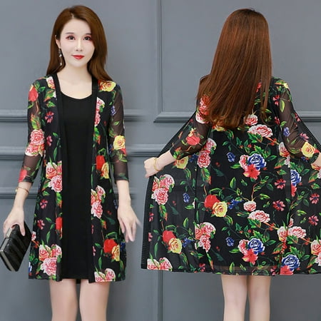3/4 Sleeve Open Front Mid-length Cover Up Coat Flower Print Thin Lace Bikini Shawl Cover Up Beachwear