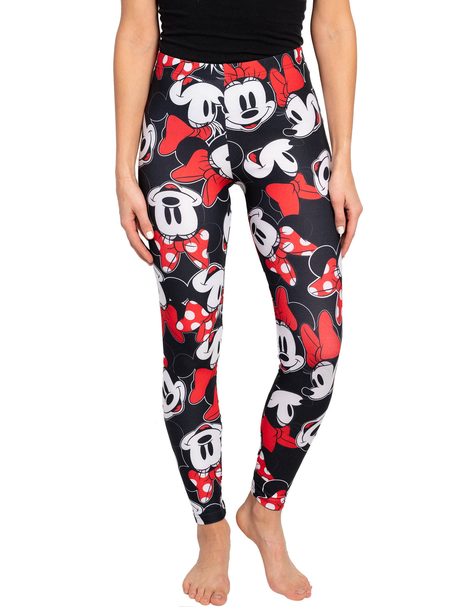 Juniors Disney Minnie Mouse Red Bow Black Leggings All-Over Print