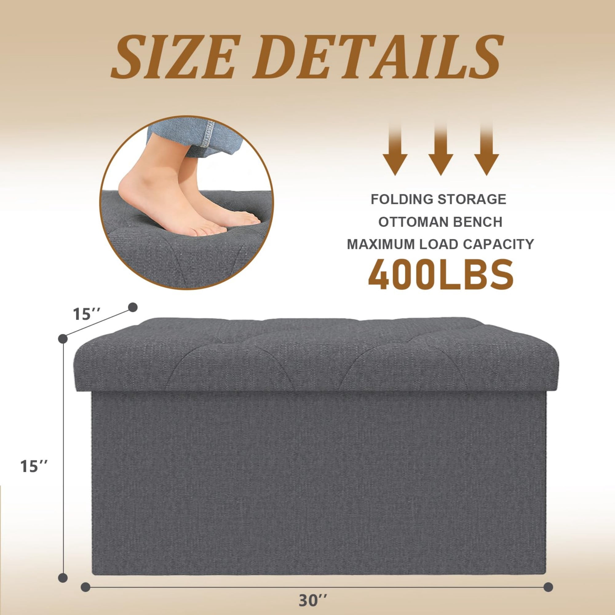 30" Storage Ottoman Bench, Folding Storage Bench Ottoman with Lid, 400 lbs Capacity, Fabric Footrest Seat for Bedroom Living Room Entryway, Grey