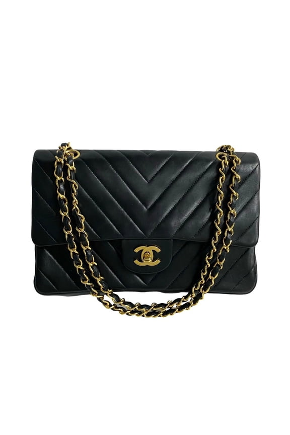 Pre-Owned CHANEL V-Stitch Double Flap Coco Mark Lambskin Chain Shoulder Bag Black... (Good)