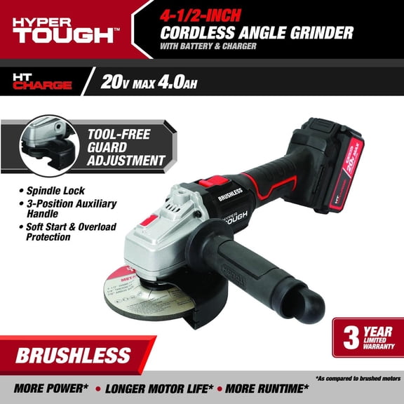 Open Box Hyper Tough 20V Brushless 4-1/2-in Cordless Angle Grinder Battery & Charger