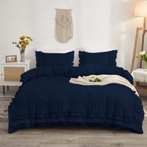 DNG Creations 1 Piece Double Ruffle Duvet Cover With Zipper Closure ( Solid Navy Blue ) All-Season 100% Egyptian Cotton, 800 Thread Count ( Oversized Queen - Size )