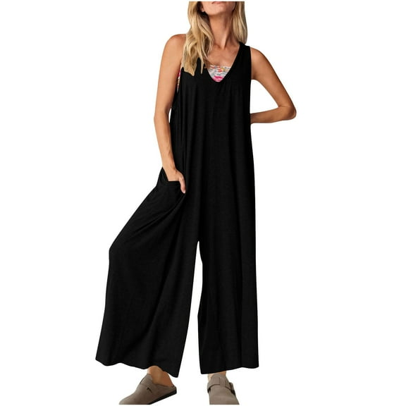 ZACPNCV Jumpsuits for Women's Casual Summer Loose Jumpsuits Sleeveless Tank V Neck Wide Leg Romper Black