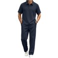 thumbnail image 2 of Cagogo Men's Plus Size 2 Piece Outfits Collared Short Sleeve Shirt Wide Leg Pants Casual Sets Solid Lounge Matching Suits Travel Vacation, Navy XL, 2 of 5