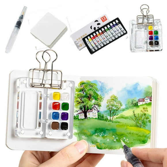 JASKFLY Sketchbook Boîte de Peinture Aquarelle Mini avec 12 Pigments 8 Couleurs Sketchbook et Stylo pour Voyage Art, Maison et Jardin/plastique, Blanc