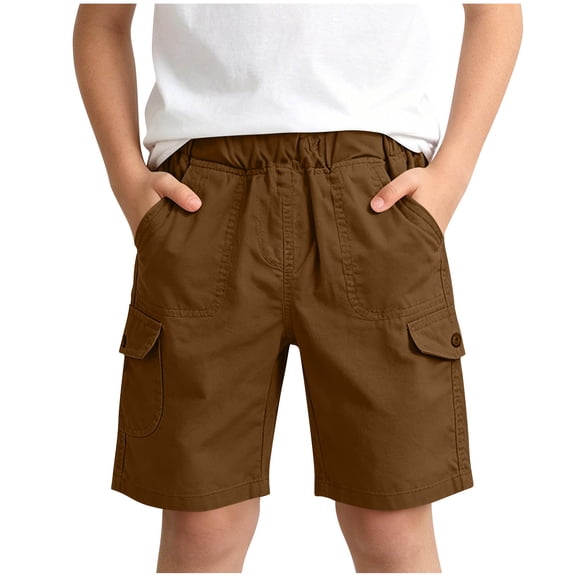 Floleo Boys' Elastic Waist Cargo Shorts Kids Multi-Pocket Casual Shorts Solid Color Summer Outdoor Shorts Breathable Everyday Play Shorts(Brown,5 Years)