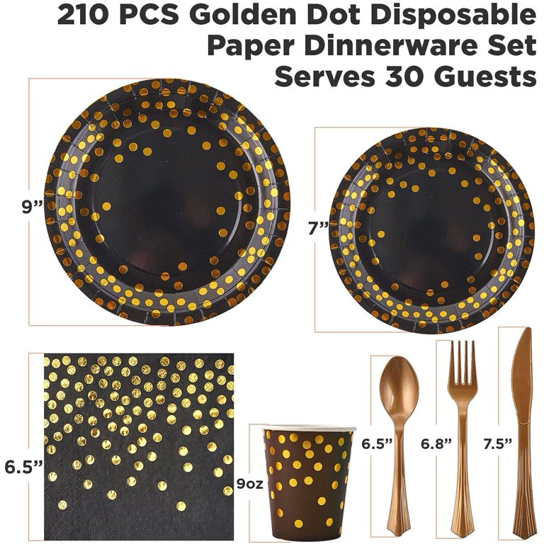 200 Pcs Pastel Party Supplies, Golden Dot Disposable Paper Plates Set, 25  Dinner Plates, Dessert Plates Cups Napkins, Straws, Cutlery, Forks, Spoons