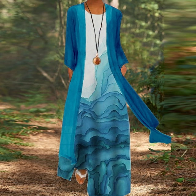Mikilon Robe Décontractée à Imprimé Floral pour Femmes Col Rond Sans Manches Ensemble Deux Pièces en Chiffon Uni