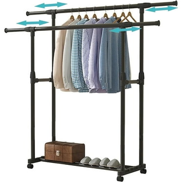 SUSUZI Double Rails Clothing Garment Rack Portable Adjustable Clothes Rack with 4 Universal Wheels Standard Metal Rolling Clothes Organizer, Black