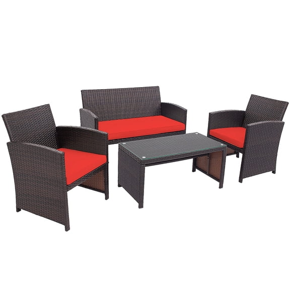 4-Piece Outdoor PE Rattan Patio Conversation Set with Red Cushions