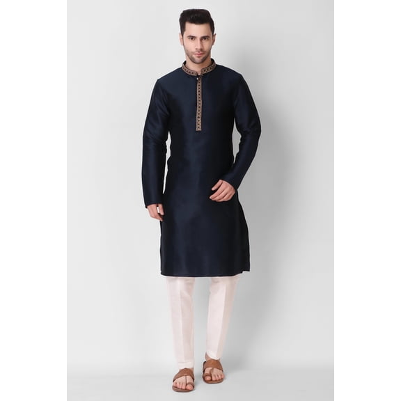 Men's Navy Blue Color Indian Traditional Wear Tunic Cotton Kurta Pajama Set
