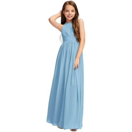 Drtj 2-16T Teen Junior girls Bridesmaid Dress Flower Girl Dresses with Pleated A-line Halter Floor-Length Chiffon