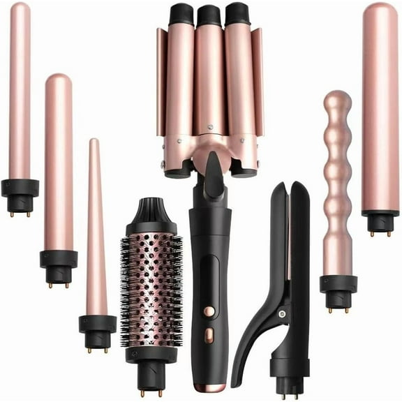 Curling Iron Wand, 8 in 1 Curling Wand Set,with Flat Iron Hair Straightener,Temperature Display,Thermal Brush.Crimper Hair Tool,Interchangeable Hair Wand Curler, Women Gifts,Christmas Gifts