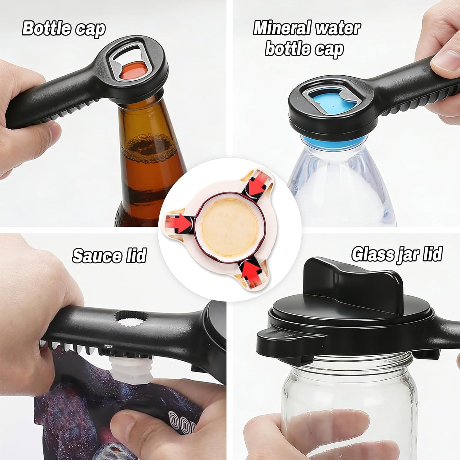 4-in-1 Adjustable Jar Opener | Non-Slip Grip Cap Opener for Seniors and Weak Hands, Multi-Purpose Lid Tool for Jars, Cans, and Wine Bottles