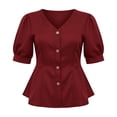 thumbnail image 7 of Mifsaly Womens Peplum Tops V Neck Puff Sleeve Button Down Shirts Ruffle Hem Fitted Waist Summer Casual Elegant Tunic Top Wine,XXL, 7 of 7