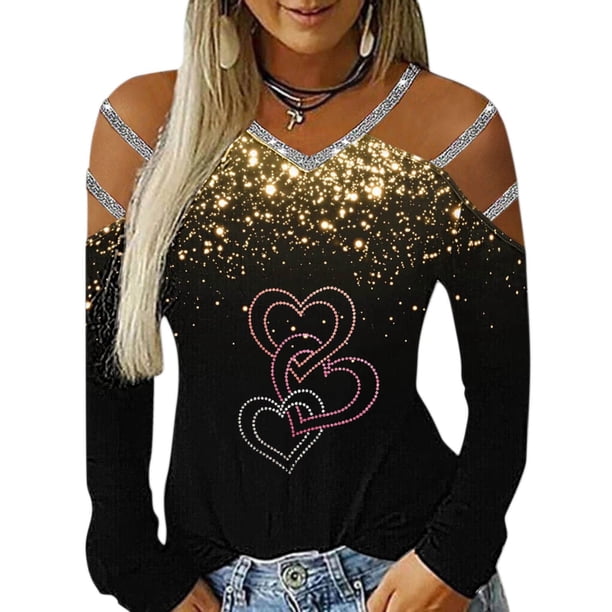 Honeeladyy Ventas en línea de camisetas con hombros descubiertos para mujer, camisetas con estampado de amor ahuecado, cuello en V, hombros descubiertos, blusas con recortes y tachuelas