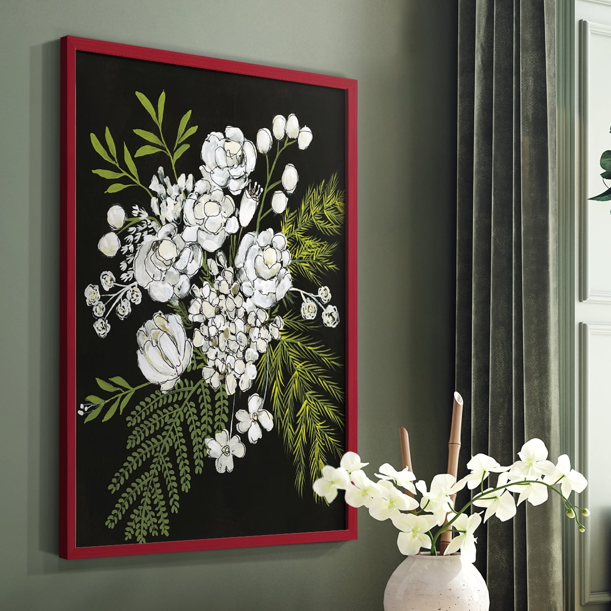 Alabaster Bouquet I Framed Print in Red Solid Wood Framed Print No Nail Hanging