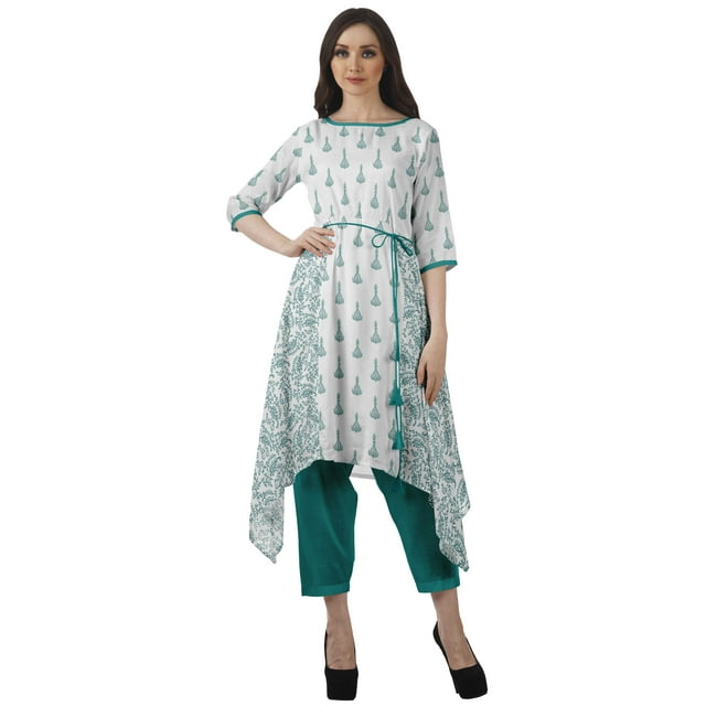 Moomaya Asymmetric Kurti With Pant Indian Tunic Tops Printed Kurti Set For Women