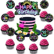 Neon Pool Birthday Party Decorations Happy Birthday Cake Toppers Set Glow In The Dark Pool Party Cake Decorations Swimming Hawaiian Party 1st 2nd 3rd Birthday Coconut Flamingo Table Decor