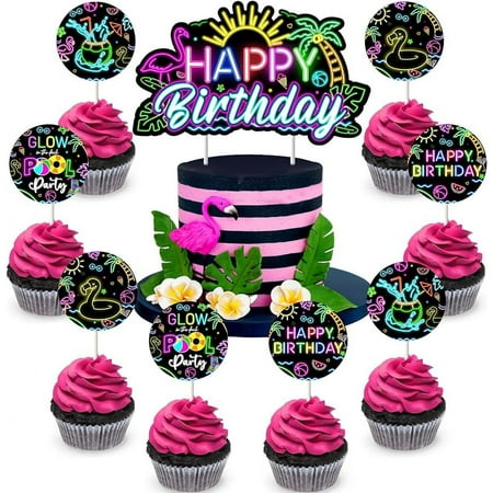 Neon Pool Birthday Party Decorations Happy Birthday Cake Toppers Set Glow In The Dark Pool Party Cake Decorations Swimming Hawaiian Party 1st 2nd 3rd Birthday Coconut Flamingo Table Decor