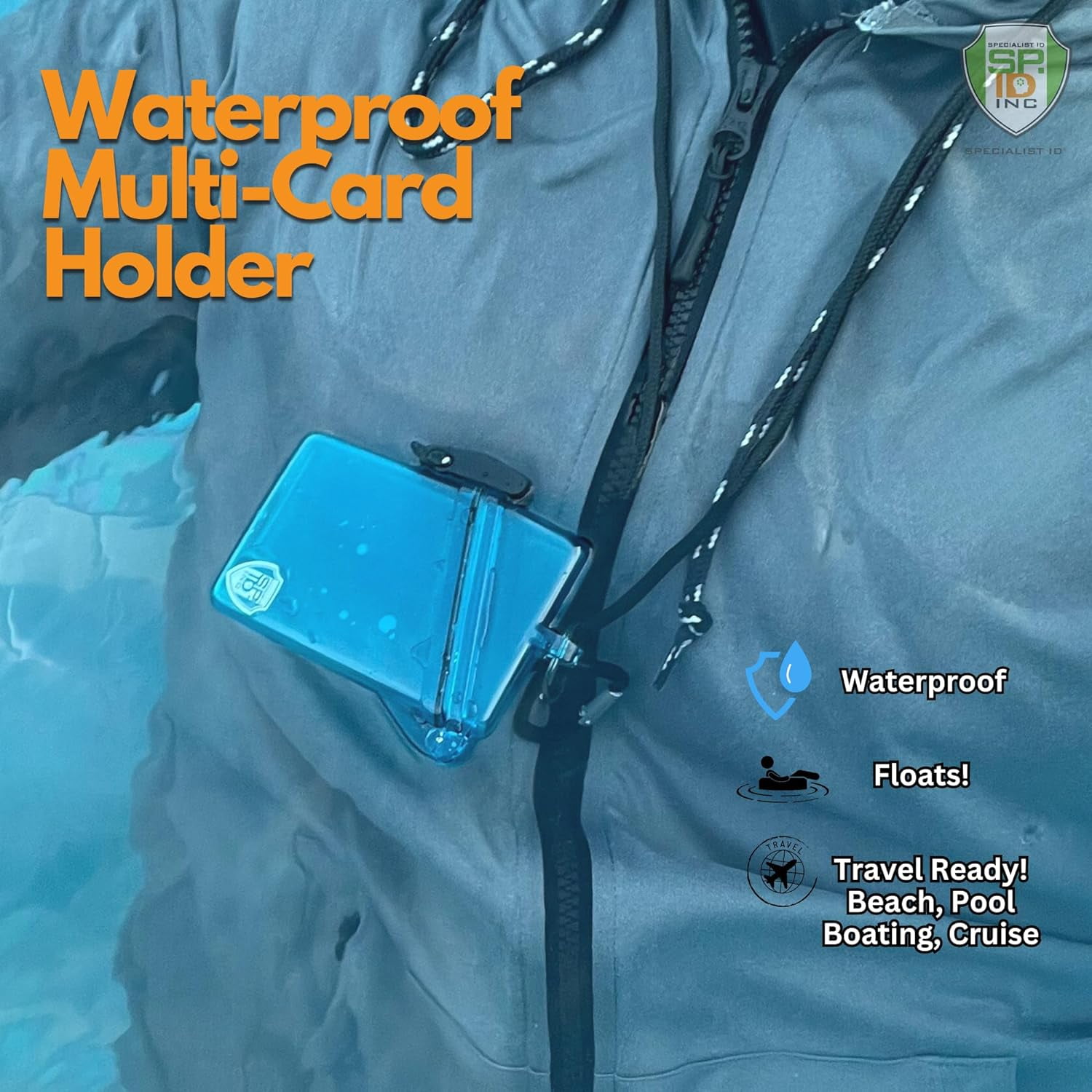 2 Pack - Waterproof ID Badge Holder with Lanyard & Clip - Money Holder for Swimming, Beach or Cruise - Clear Hard Plastic Water Proof Case for Key, Credit Cards & Travel by Specialist ID (Blue)