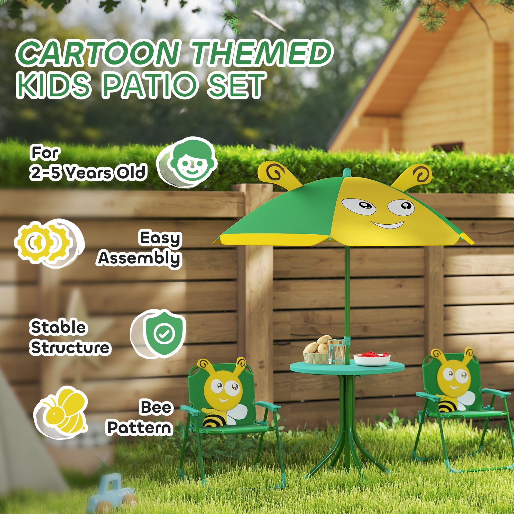 Qaba Kids Picnic Table and Chair Set, Bee Pattern Outdoor Activity Table with Foldable Chairs, Height Adjustable Umbrella for Backyard, Garden, Green