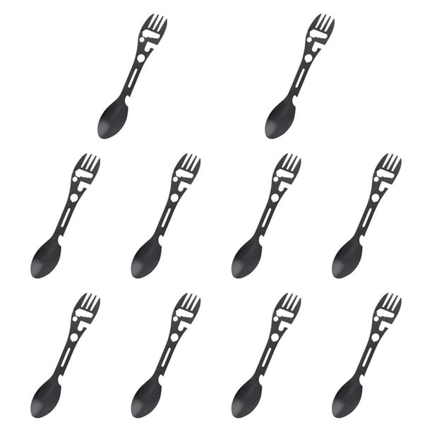 10x Cuchara-tenedor multifunción para acampar de acero inoxidable, cubiertos multiusos Negro