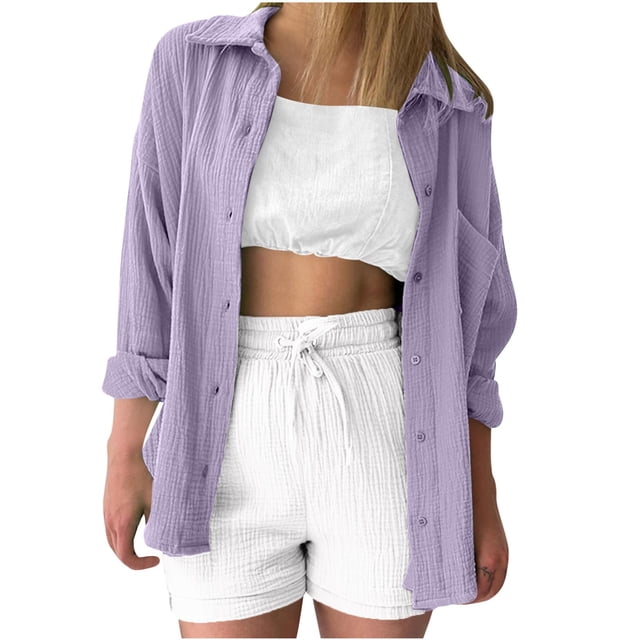 Yuyuzo Button down Shirts for Women Long Sleeve Collared Casual Loose Textured Oversized Blouses