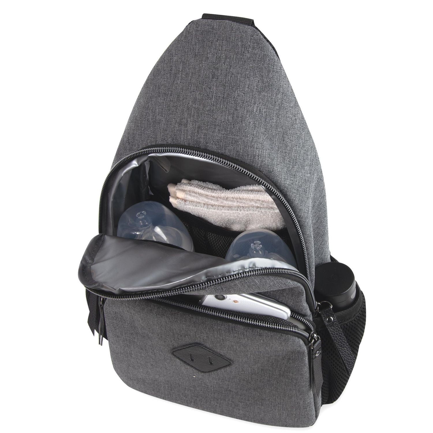Baby Essentials Multi-Pocket Dual Zipper Crossbody Sling Diaper Bag Backpack with Matching 6-Ply Changing Pad and Mini Insulated Bottle Pockets in Grey and Black