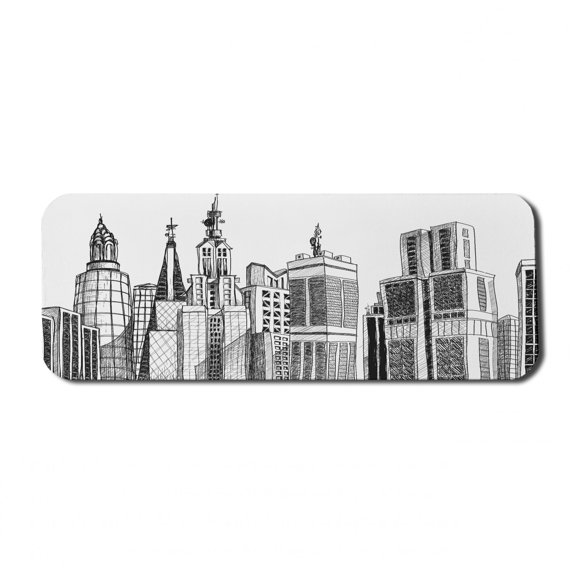 Cityscape Computer Mouse Pad, Urban Arhitecture Sketch Skyscraper Metropolis Grunge Handdrawn Modern Scenery, Rectangle Non-Slip Rubber Mousepad Large, 31" x 12", Black White, by Ambesonne