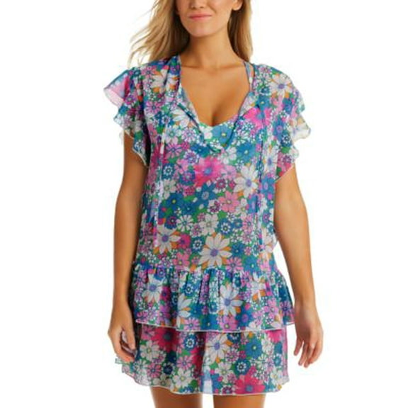Jessica Simpson Womens Printed Crazy Daisy Tiered Tie-Neck Swim Cover-Up Size XL