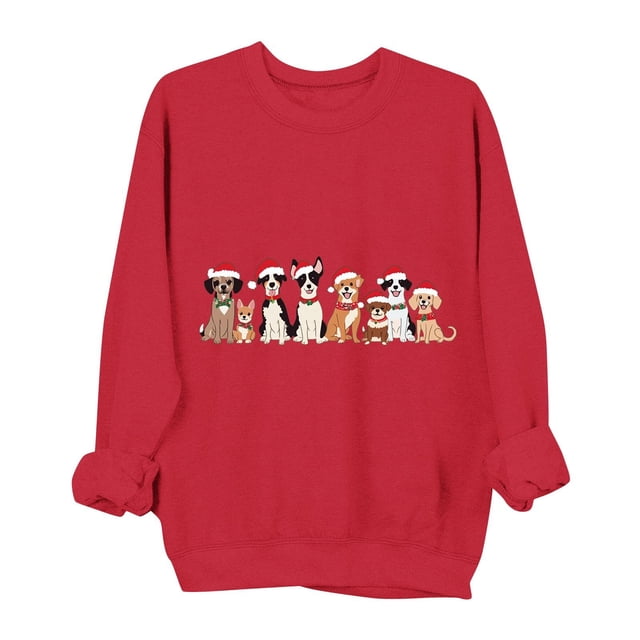 yardsong Chandail à Imprimé de Chiens de Noël Mignons pour Femme - Haut Décontracté à Manches Longues à Col Rond pour les Fêtes Rouge,P