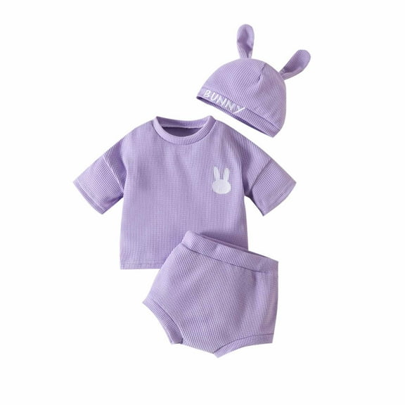 Lovskoo 0-24Months Baby Clothes 3 Piece Happy Easter Outfits Embroidered Bunny Candy Color T-Shirt Shorts Hat Suit Toddler Boys Girls Summer Spring Outfits Purple