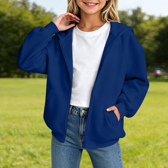 ZOYOEN Girls Hoodie with Pocekts- Zip Up Lightweight Loose Fit Long Sleeve Casual Kids Fall Jacket Blue Size 6-14