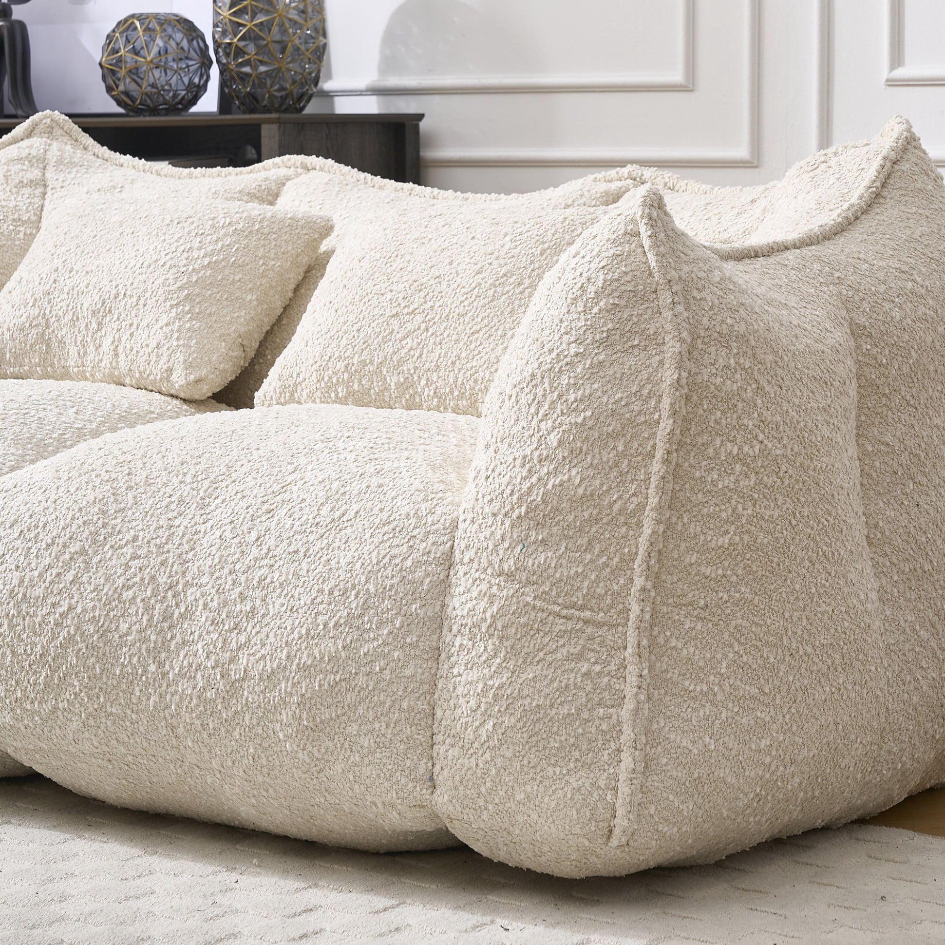 Oversized Chenille Bean Bag Couch for Two, High-Resilience Foam Floor Loveseat, 73.2in Giant Bean Bag Sofa Chair for Adults in Living Room, Bedroom, Beige